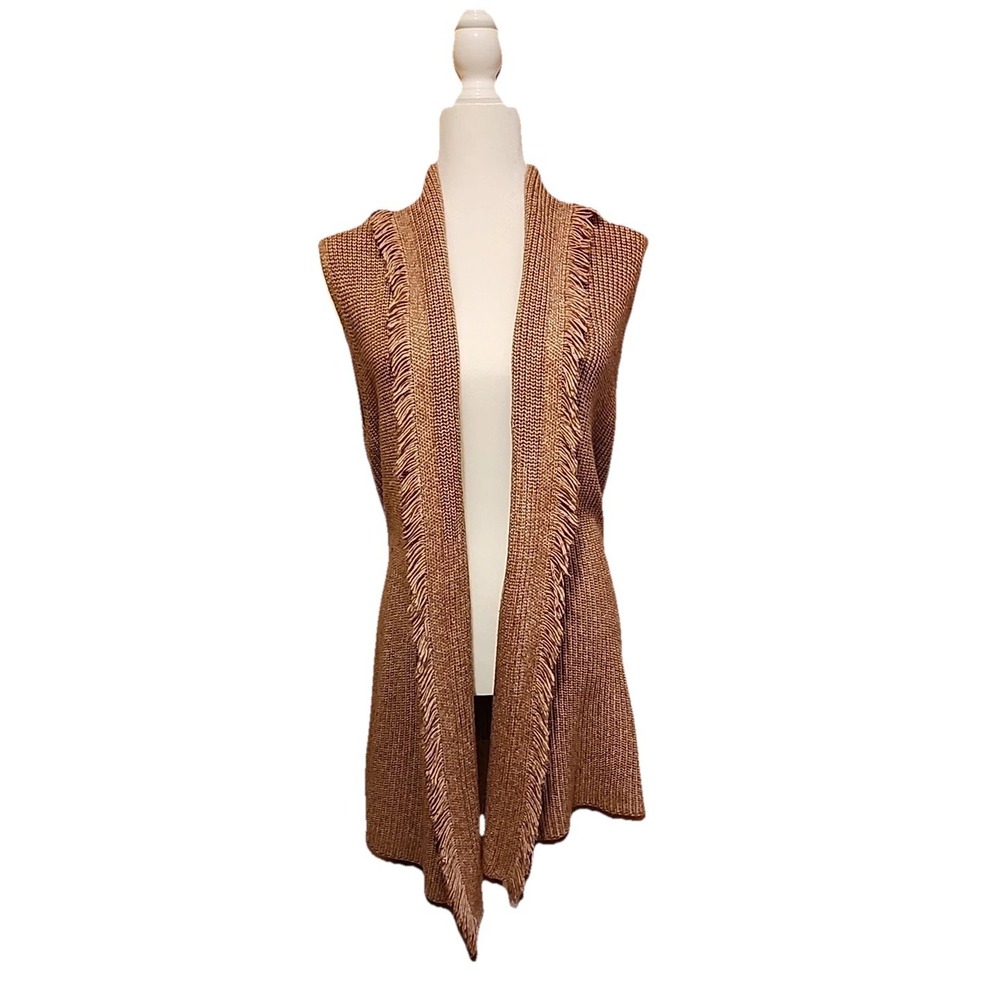Tahari‎ Womens Sweater Vest 1X Fringe Shawl Collar Indie Boho Festival Western